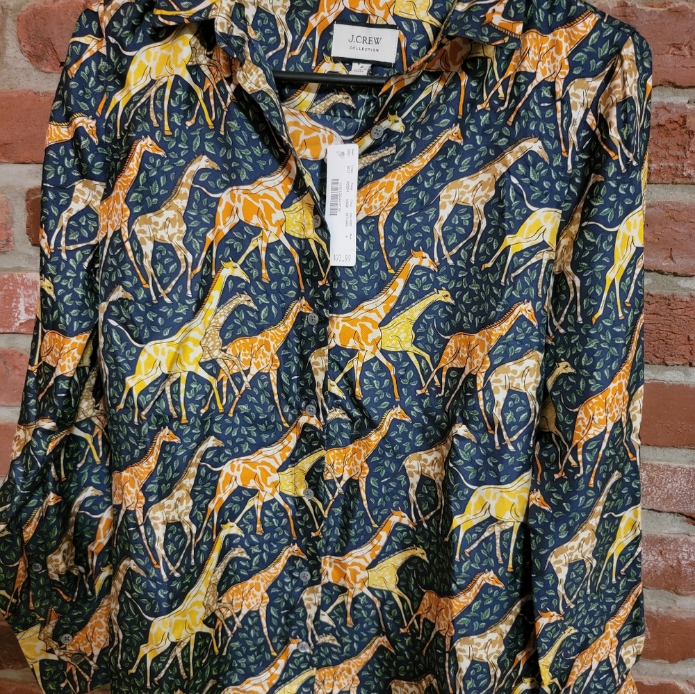 J. Crew 100% Silk Twill NWT Giraffe Blouse Button Down Size 4